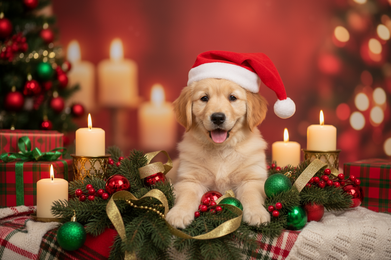 chiot ambiance noel guirlande bougie vert et rouge